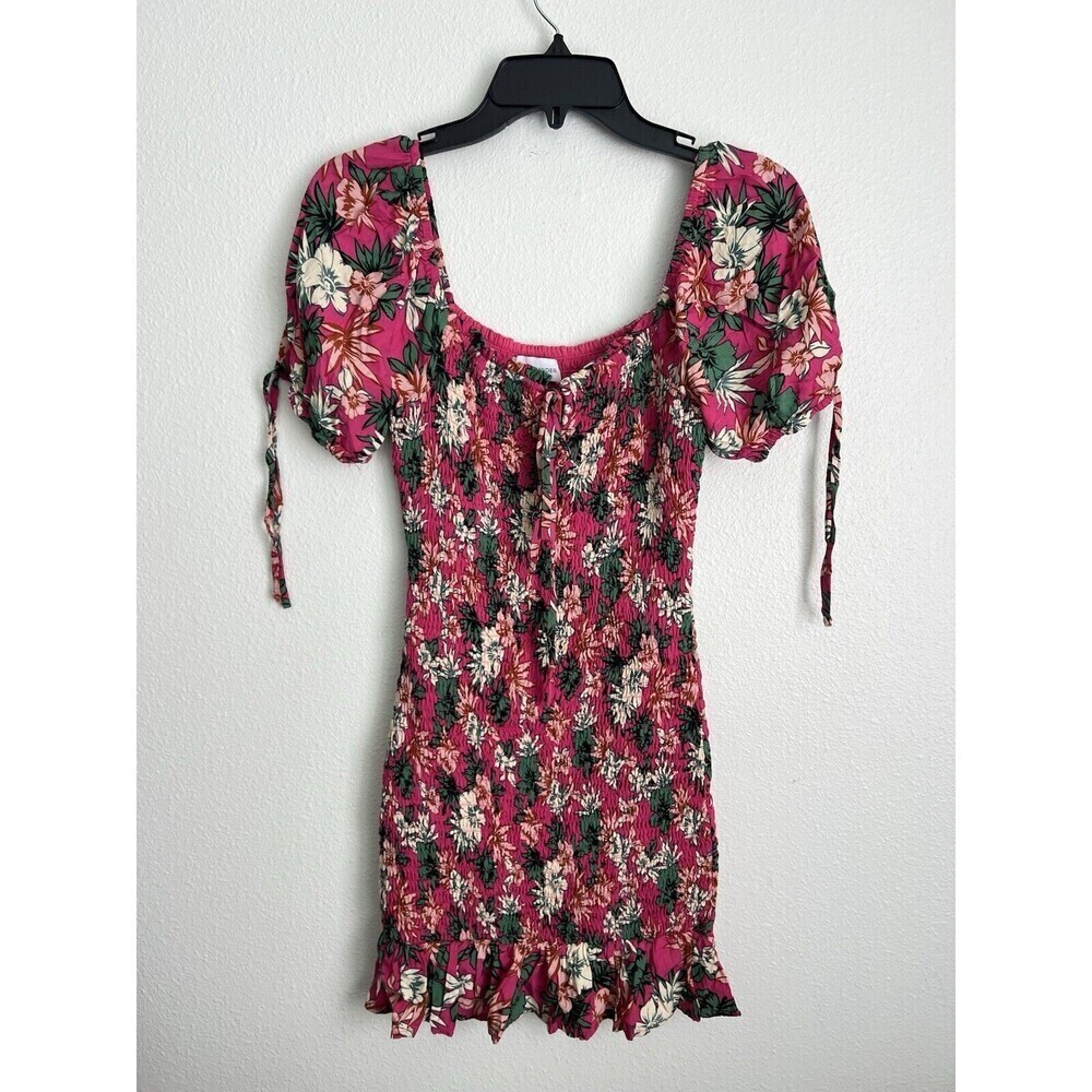 Hot Pink Floral Smocked Mini Dress S Puff Sleeves Tropical Barbie Coconut Girl